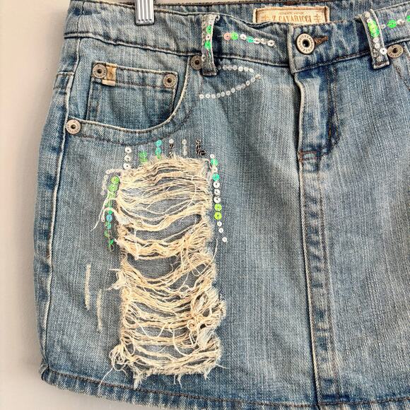 Y2K Z. Cavaricci Distressed Denim Sequin Mini Skirt 100% Cotton Size 5 / Small - Picture 3 of 10